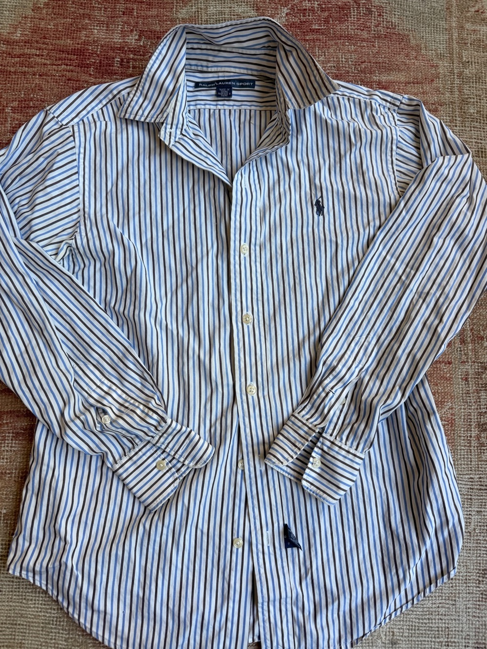 Ralph Lauren White Button-Down Shirt with Blue & Brown Stripes